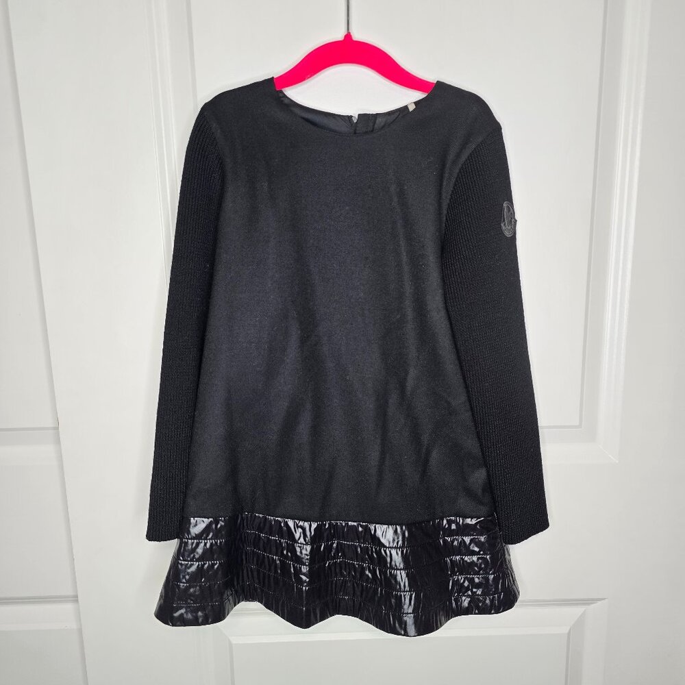 Moncler Long-Sleeve Logo Patch Wool Quilted Leather Black Dress, Size 6